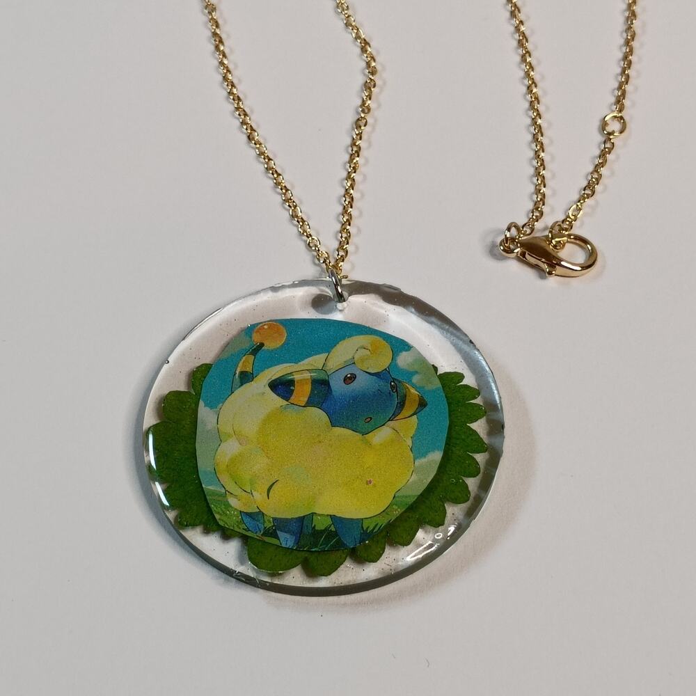 Handmade Pokemon Mareep Resin Pendant Necklace Real Pressed Leaf Gold Chain